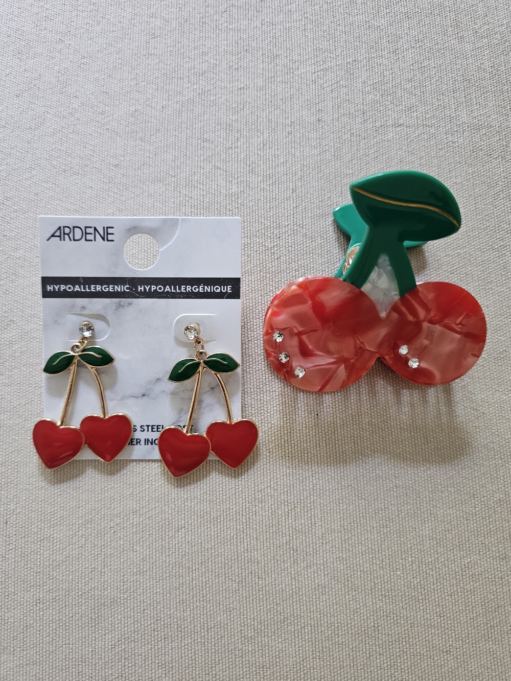 NWT Ardene Cherry Rhinestone Earrings and NEW Cherry Rhinestone Hair Clip